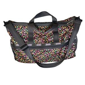 LeSportsac Large Weekender Duffle Bag Floral Music Note Brown Nylon Travel Pouch